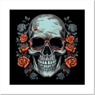 Cool Hipster Skull with Glasses and Roses Posters and Art